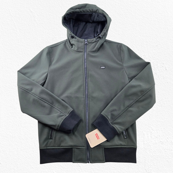Levi’s Olive Green Softshell Bomber Jacket Hooded Zip Up Jacket Size Small NWT - Picture 1 of 13